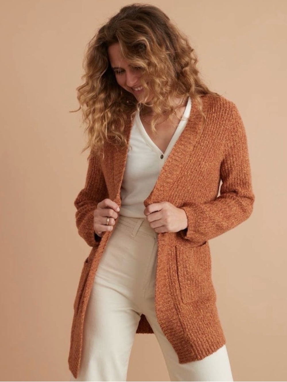 Marine Layer Ontario Cardigan Rust Orange S Cozy Open Front Cotton Blend Sweater - Picture 4 of 15